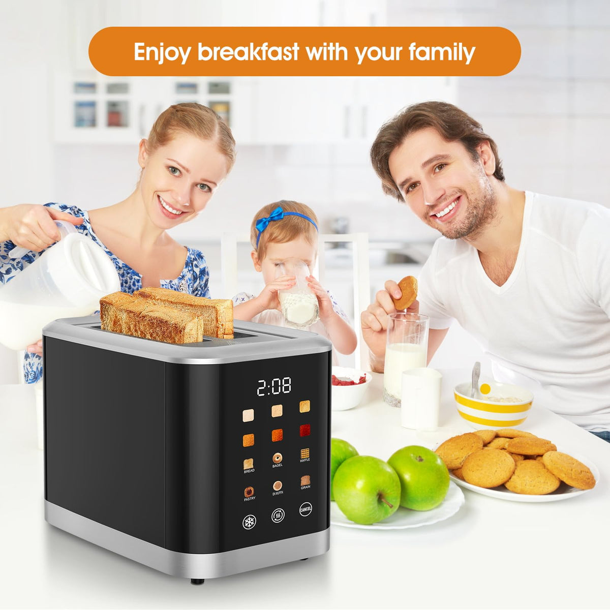 Dear Morning LCD touchscreen display shows remaining time for precise toasting.