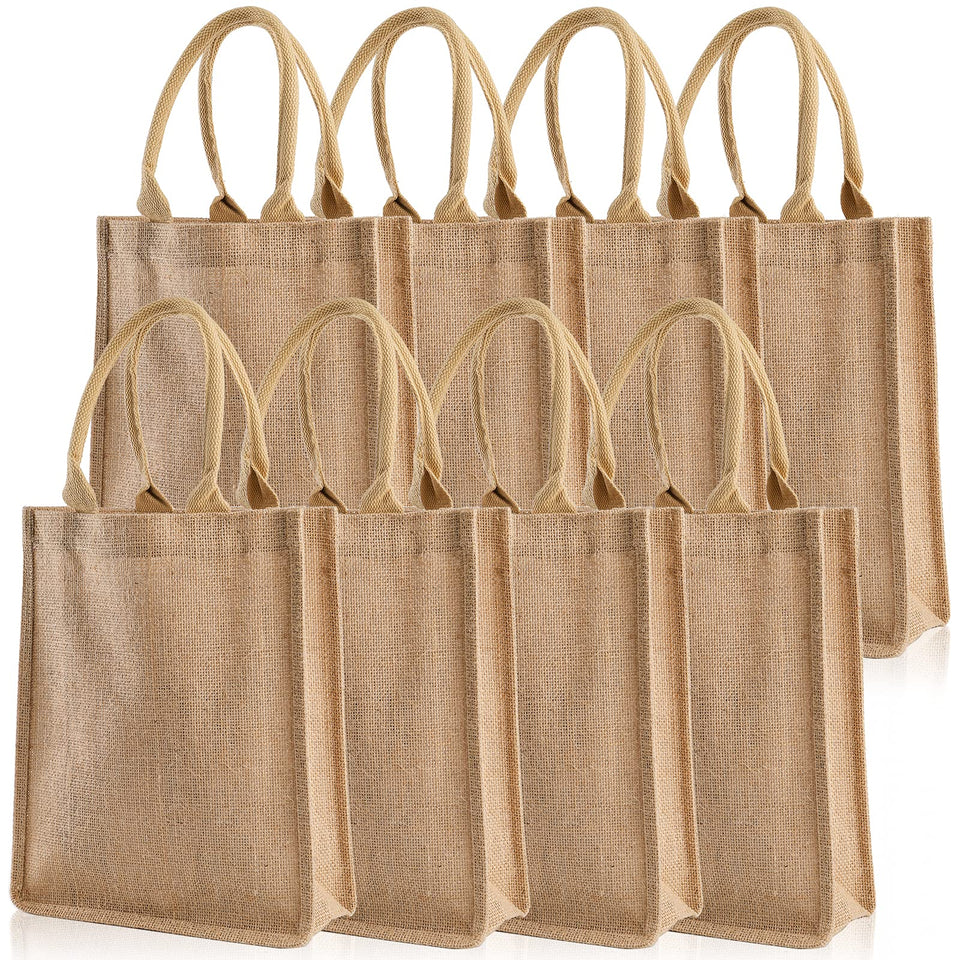 DEAYOU eight-pack jute tote bags for versatile shopping and gifting.