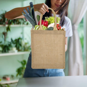 DEAYOU burlap tote reinforced seams highlight durable construction.
