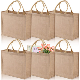 DEAYOU large burlap tote front view showing generous space for groceries and gifts.