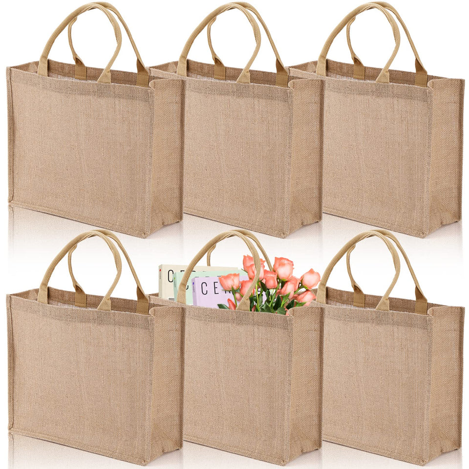 DEAYOU large burlap tote front view showing generous space for groceries and gifts.