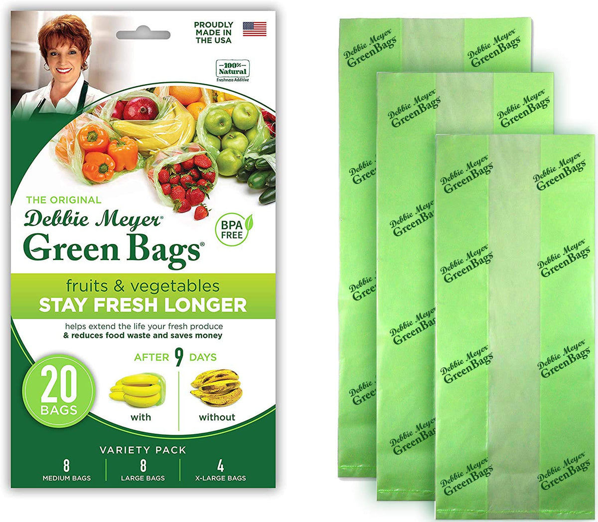 Debbie Meyer GreenBags 20-pack front view, showing versatility and reuse
