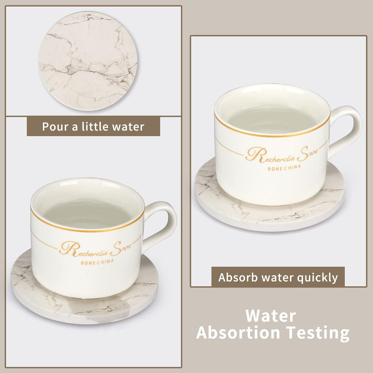 Deceram coasters on dining table prevent rings while enhancing style.