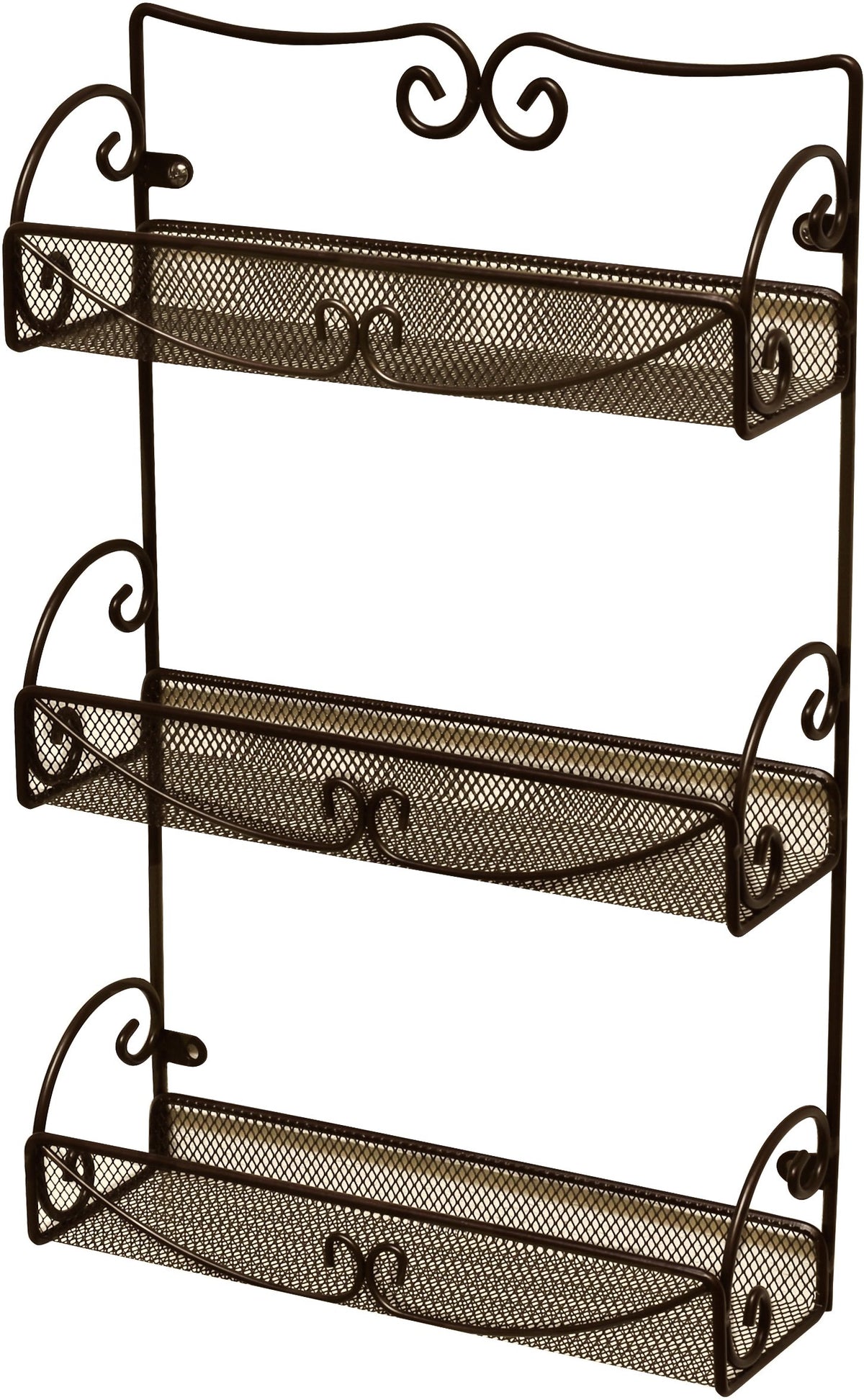 Deco Brothers bronze 3-tier spice rack on wall with organized bottles