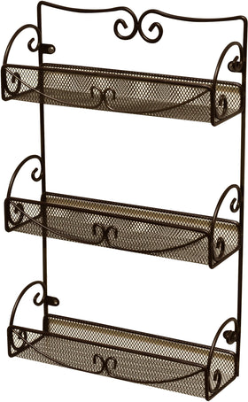 Deco Brothers bronze 3-tier spice rack on wall with organized bottles