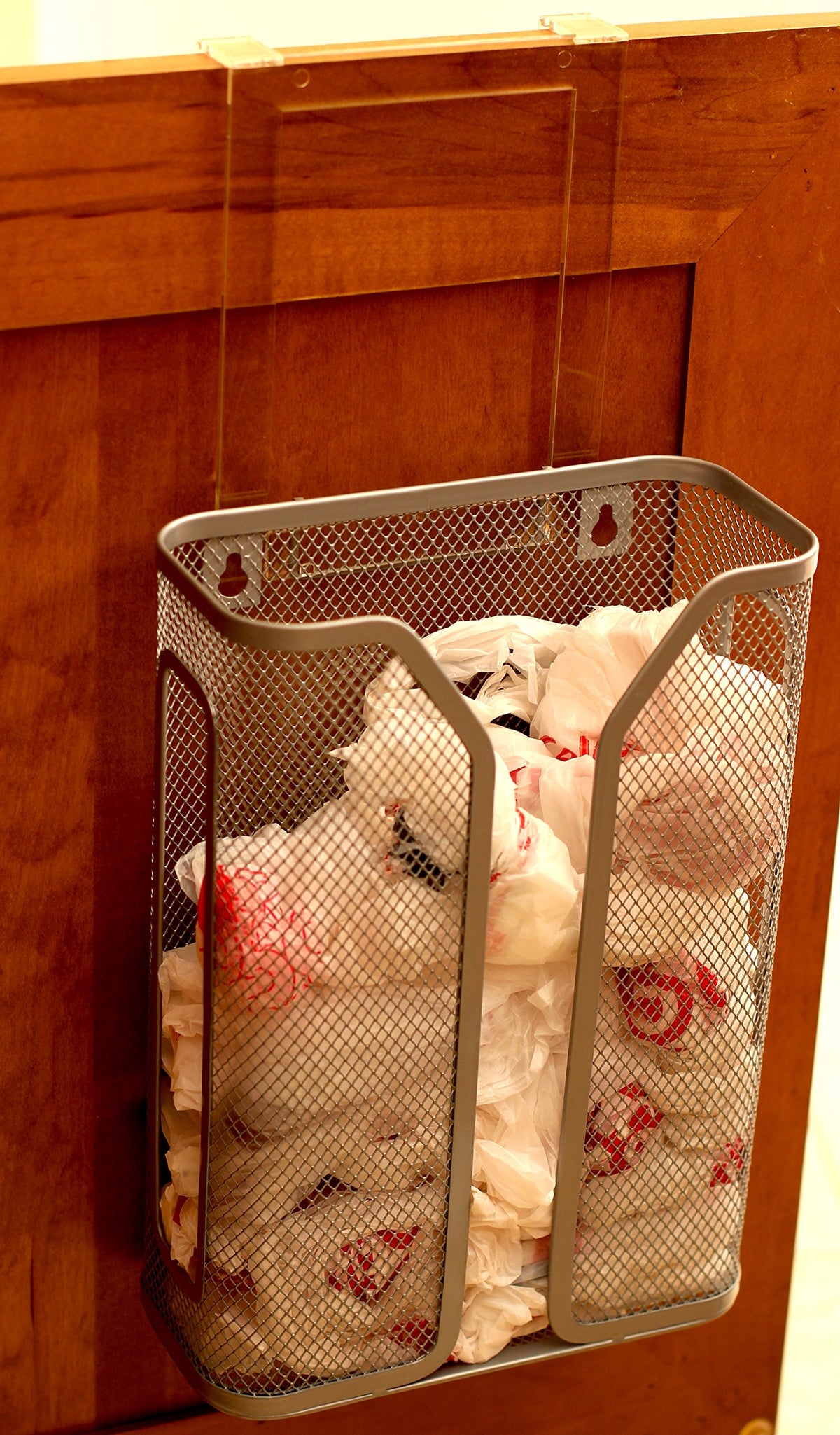 Deco Brothers clear bracket protects cabinet surface while keeping bags accessible.