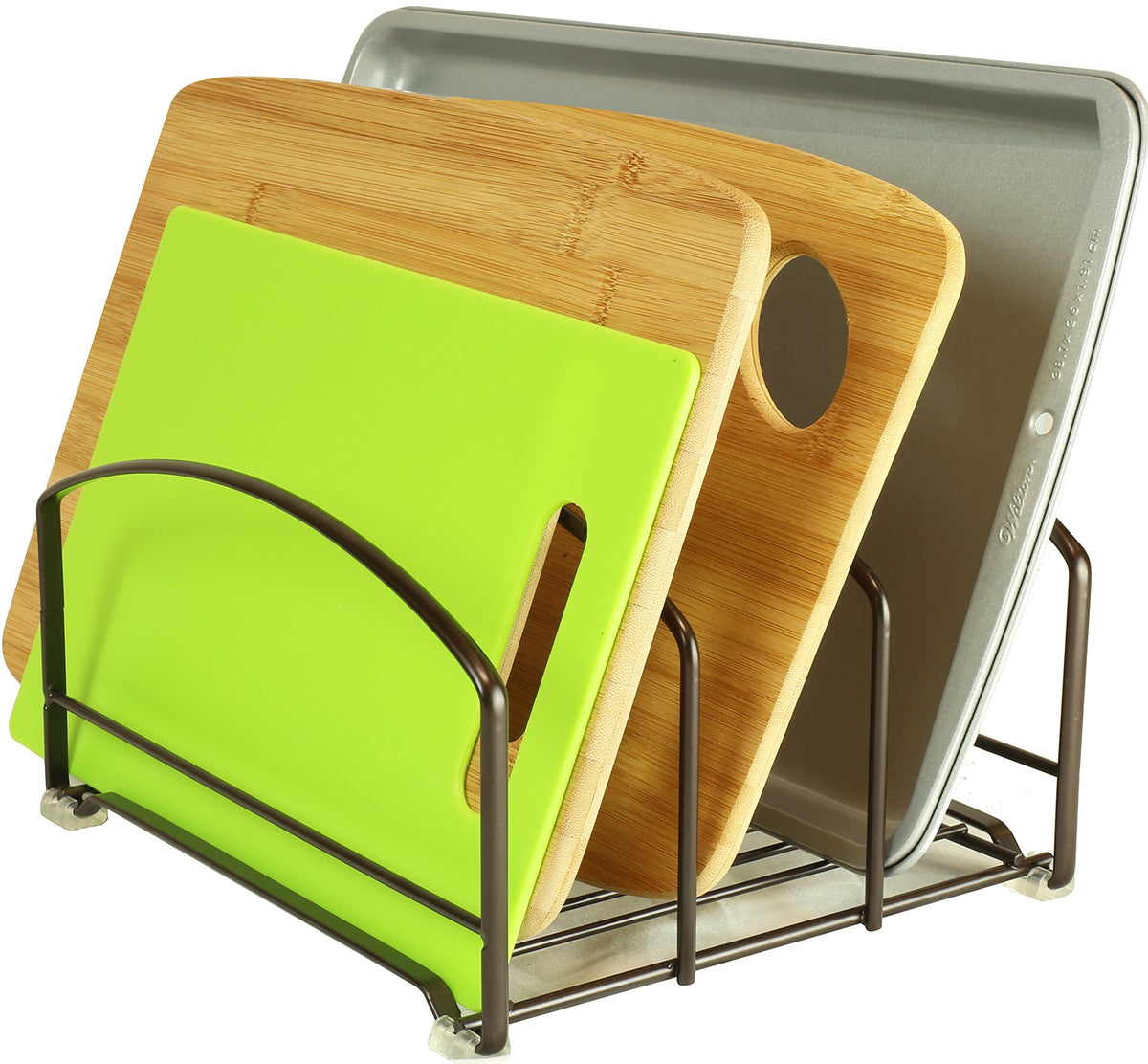 Deco Brothers bronze 3-slot cookware organizer rack keeps cutting boards and pans neatly organized