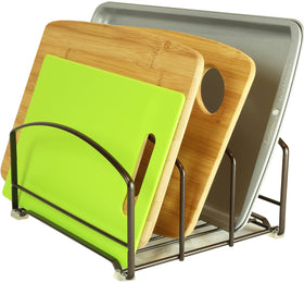 Deco Brothers bronze 3-slot cookware organizer rack keeps cutting boards and pans neatly organized