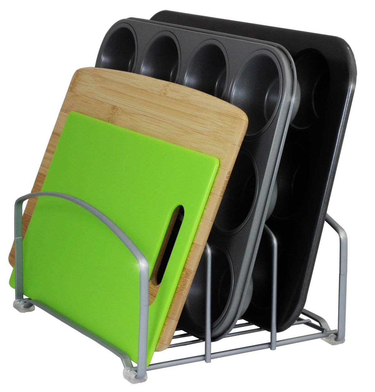 Deco Brothers cookware organizer rack front view with three slots for boards, sheets, and pans.