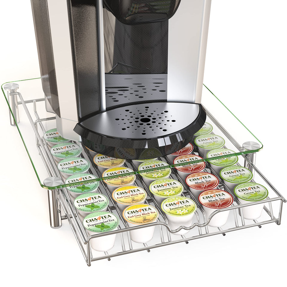 Deco Brothers crystal K-Cup holder with tempered glass top in a top view for easy pod selection