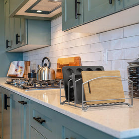 Deco Brothers rack with dimensions shows fit for standard kitchen cabinets.