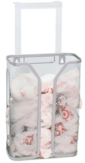 Deco Brothers over-the-cabinet door bag holder on cabinet for tidy grocery storage.