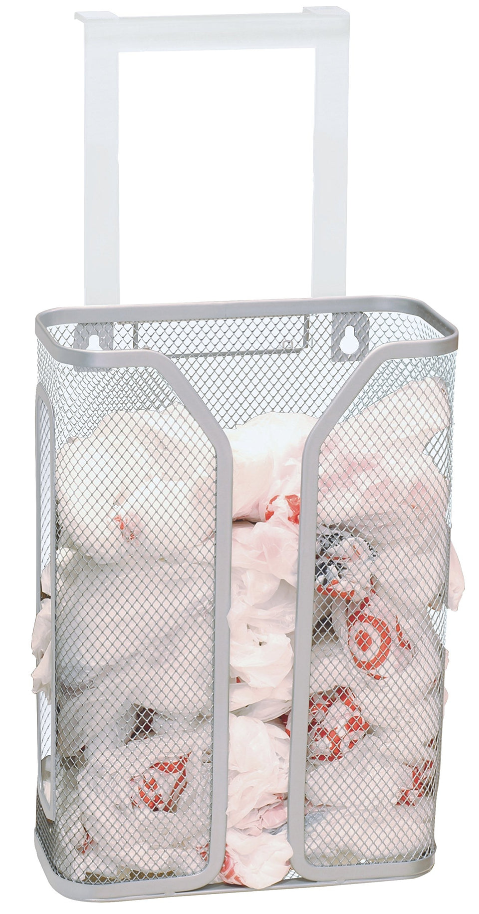 Deco Brothers over-the-cabinet door bag holder on cabinet for tidy grocery storage.