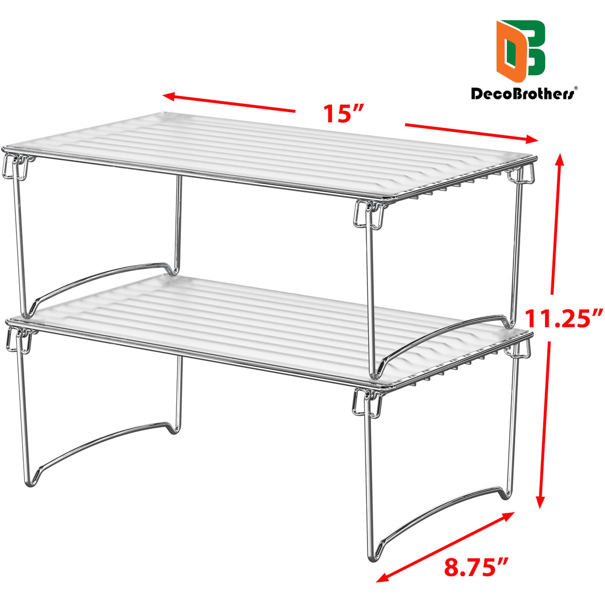 Deco Brothers packaged product display with two chrome shelves
