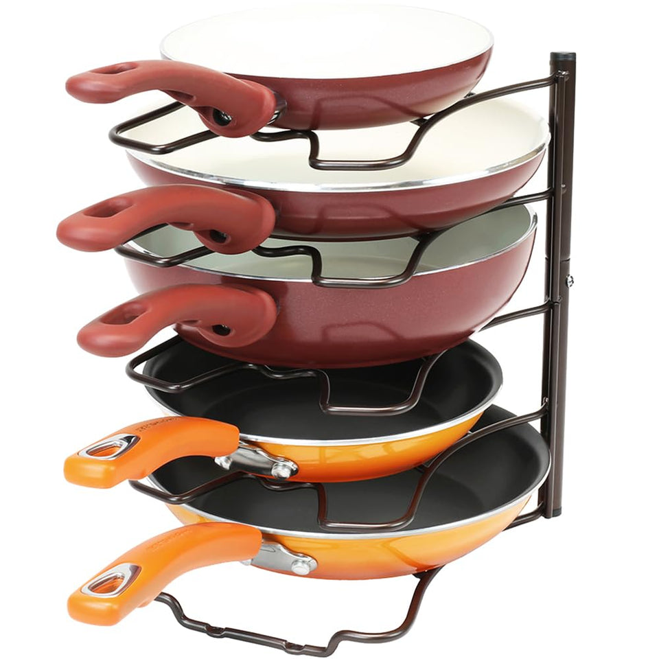 Deco Brothers bronze pan organizer rack on side view stores up to five pans