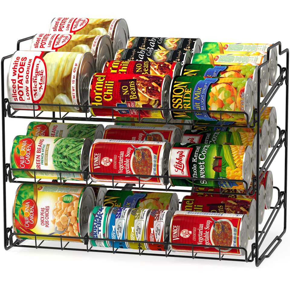 Deco Brothers 3-tier stackable can rack front view showing organized pantry layout