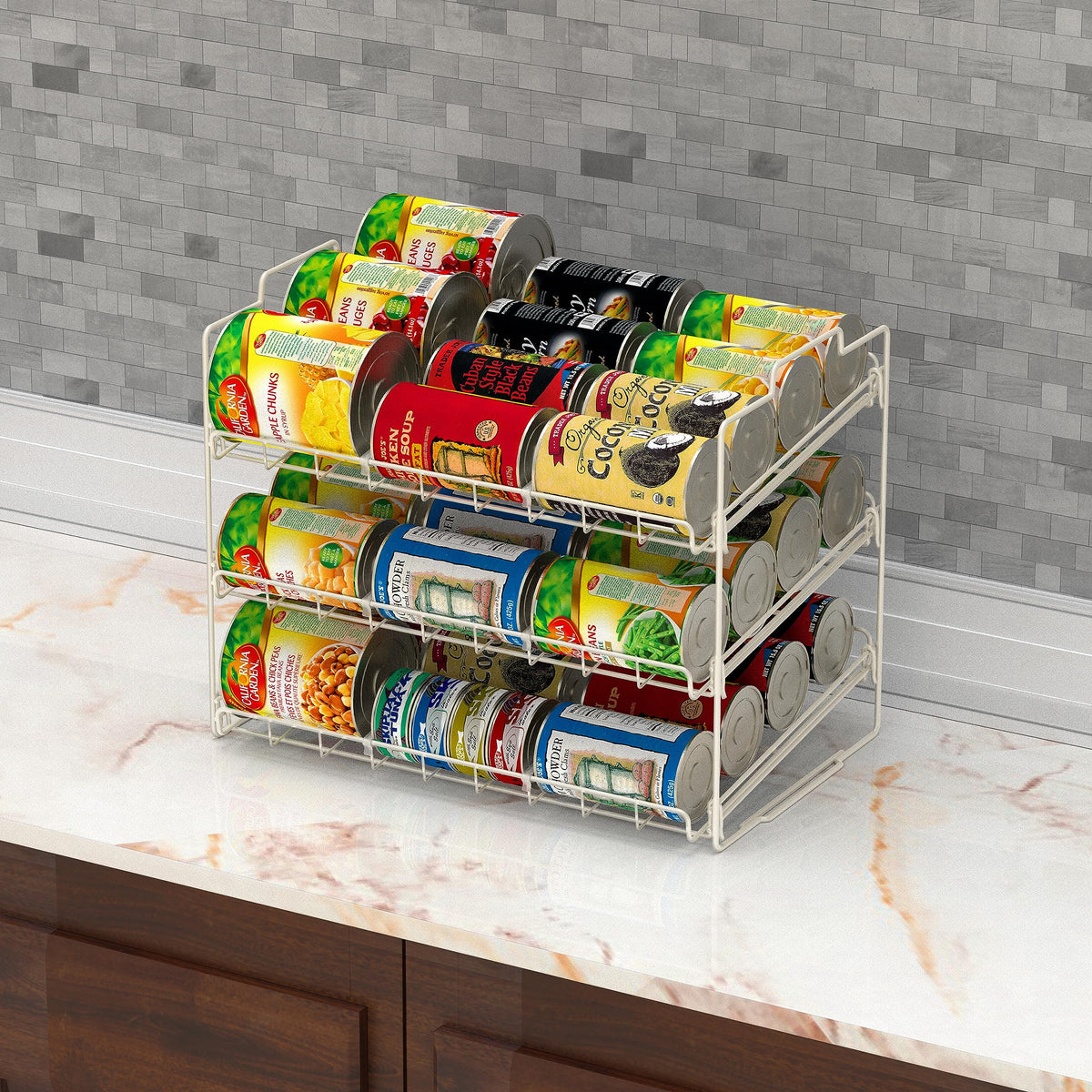 Deco Brothers Stackable Can Rack capacity up to 36 cans for pantry storage.