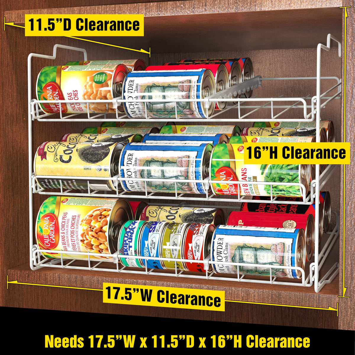 Deco Brothers Stackable Can Rack adjustable dividers keep cans organized.