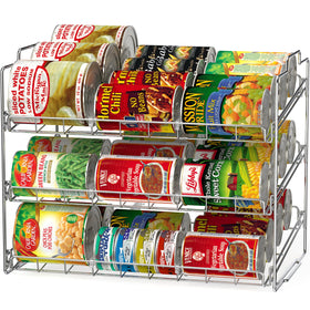 Deco Brothers stackable can rack front view highlights chrome finish and easy access