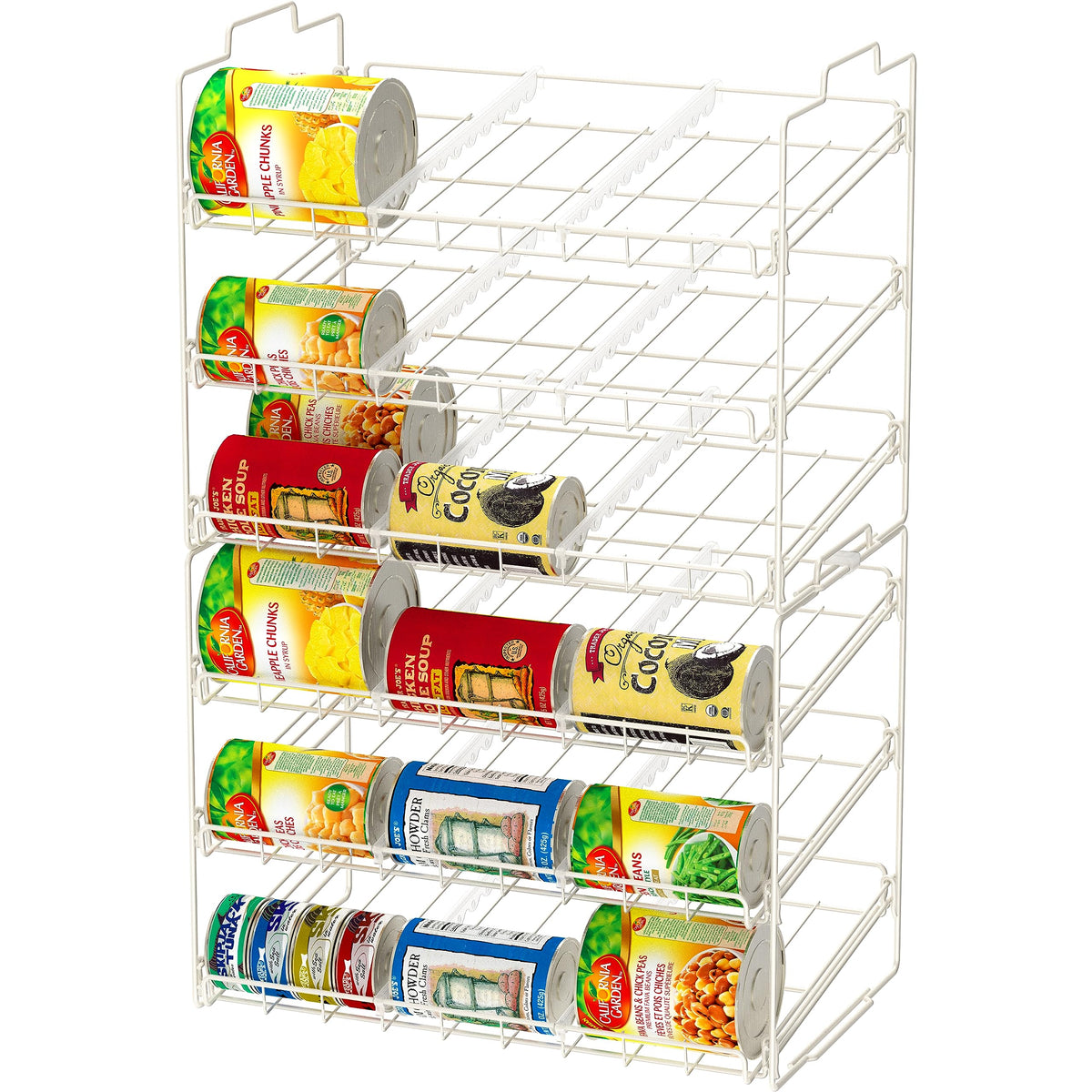 Deco Brothers Stackable Can Rack on-shelf placement for pantry optimization.