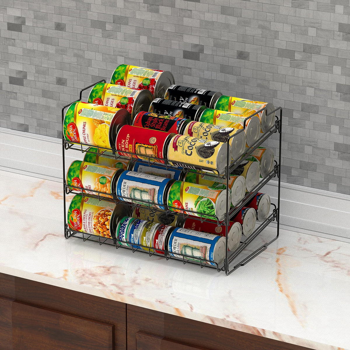 Deco Brothers can rack on a shelf demonstrating pantry organization