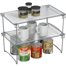 Deco Brothers stackable shelf front view in chrome for cabinet organization