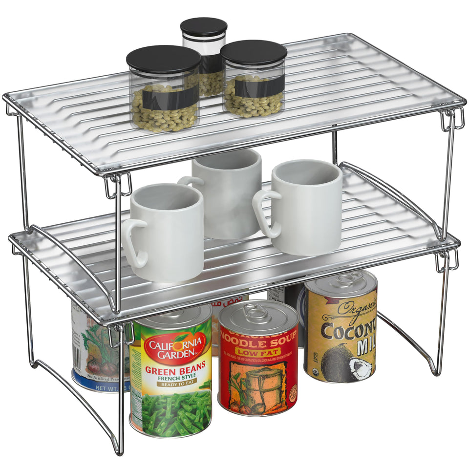 Deco Brothers stackable shelf front view in chrome for cabinet organization