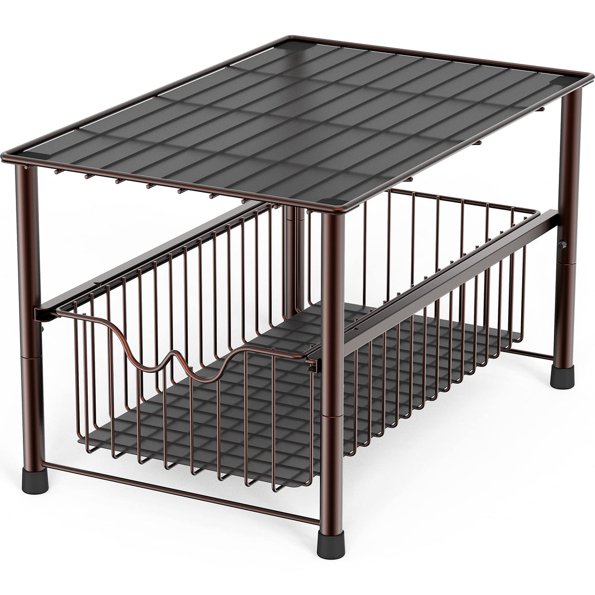 Deco Brothers bronze under-sink organizer with sliding basket, easy access in tight spaces