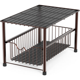 Deco Brothers bronze under-sink organizer with sliding basket, easy access in tight spaces