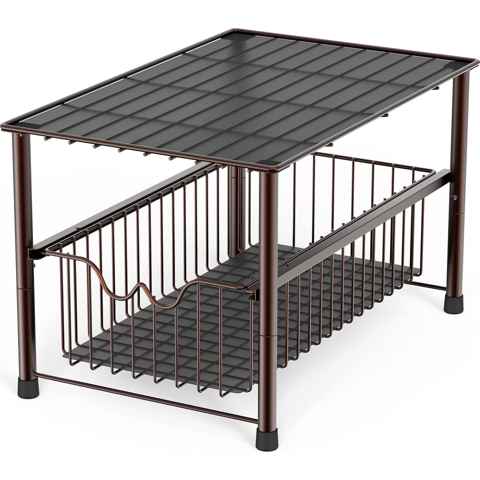 Deco Brothers bronze under-sink organizer with sliding basket, easy access in tight spaces