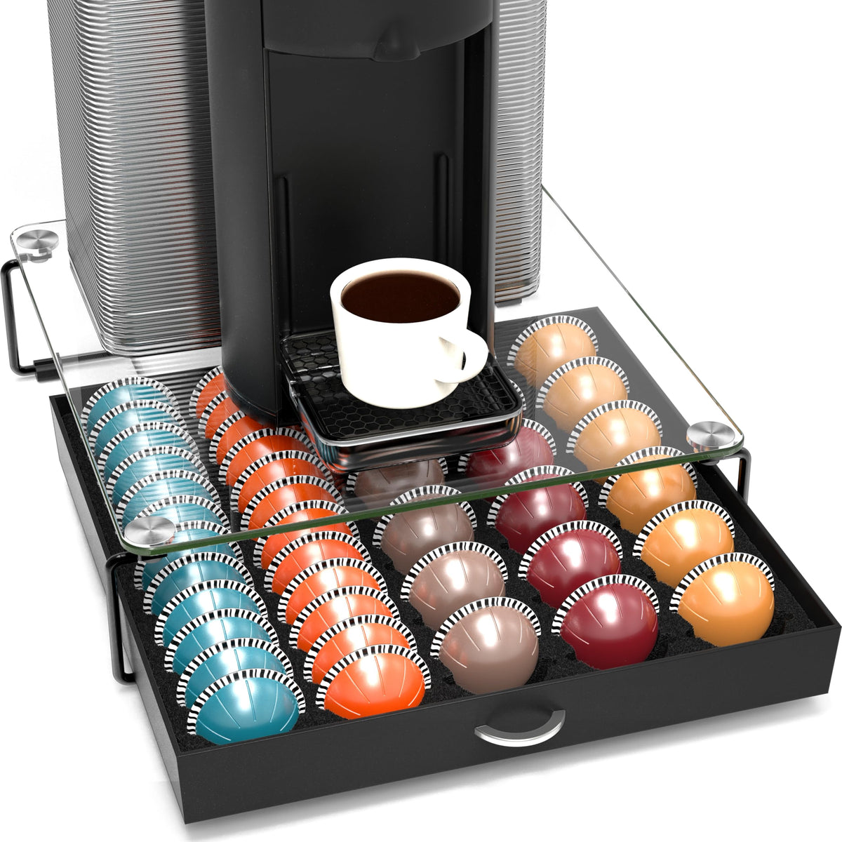 Deco Brothers Vertuo Pod Holder Drawer open for quick pod selection.