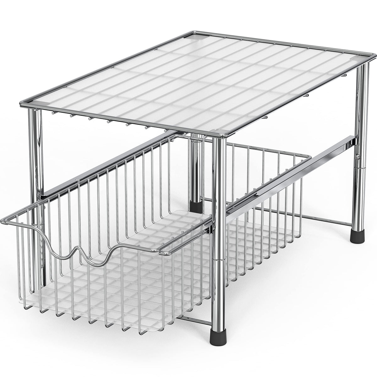 DecoBrothers chrome under-sink organizer showing accessible sliding basket