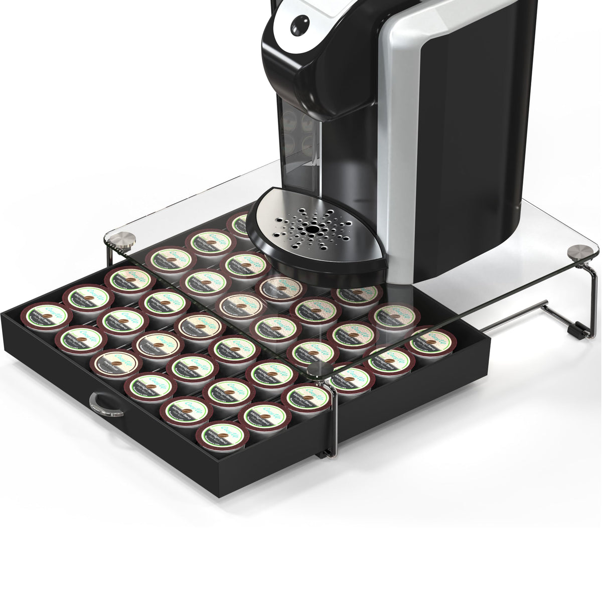 Deco Brothers crystal tempered glass top-view drawer shows 36-pod capacity.