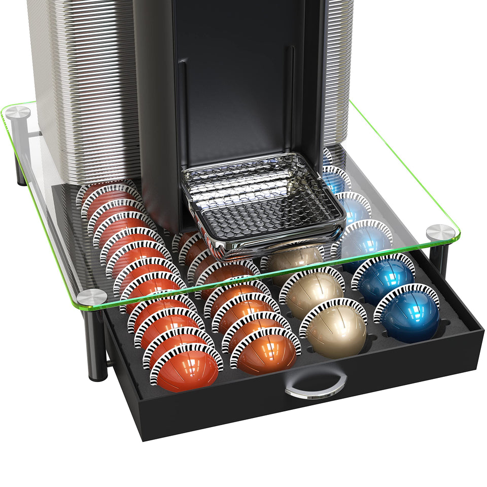 Deco Brothers Vertuo pod drawer with crystal glass stores 24 large capsules for easy access.
