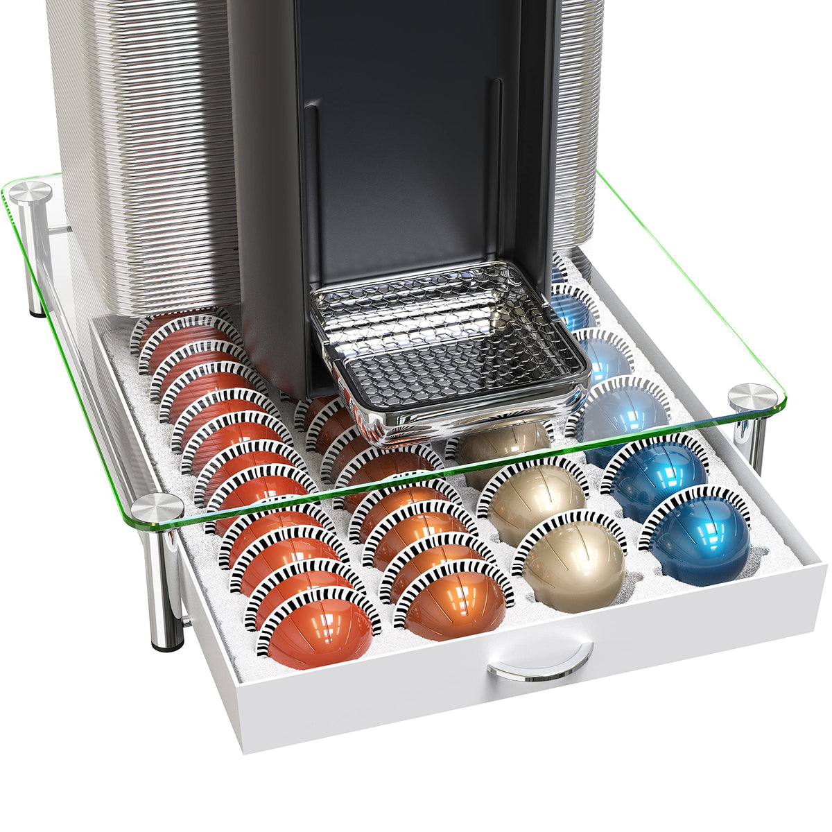 Deco Brothers crystal tempered glass Vertuo pod drawer stores capsules neatly.