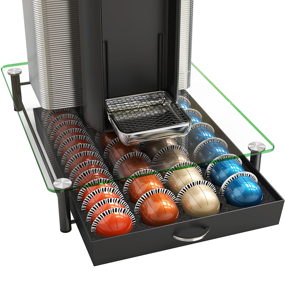 DecoBrothers crystal tempered glass Vertuo pod drawer shows 28 large pod capacity for easy access