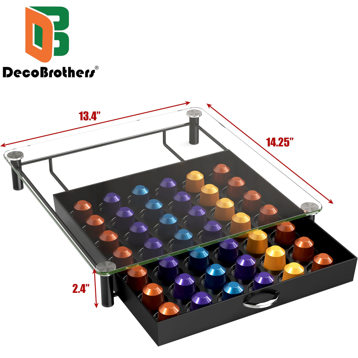 Deco Brothers glass-top drawer allows pod selection at a glance near the milk frother.