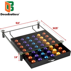 Deco Brothers glass-top drawer allows pod selection at a glance near the milk frother.
