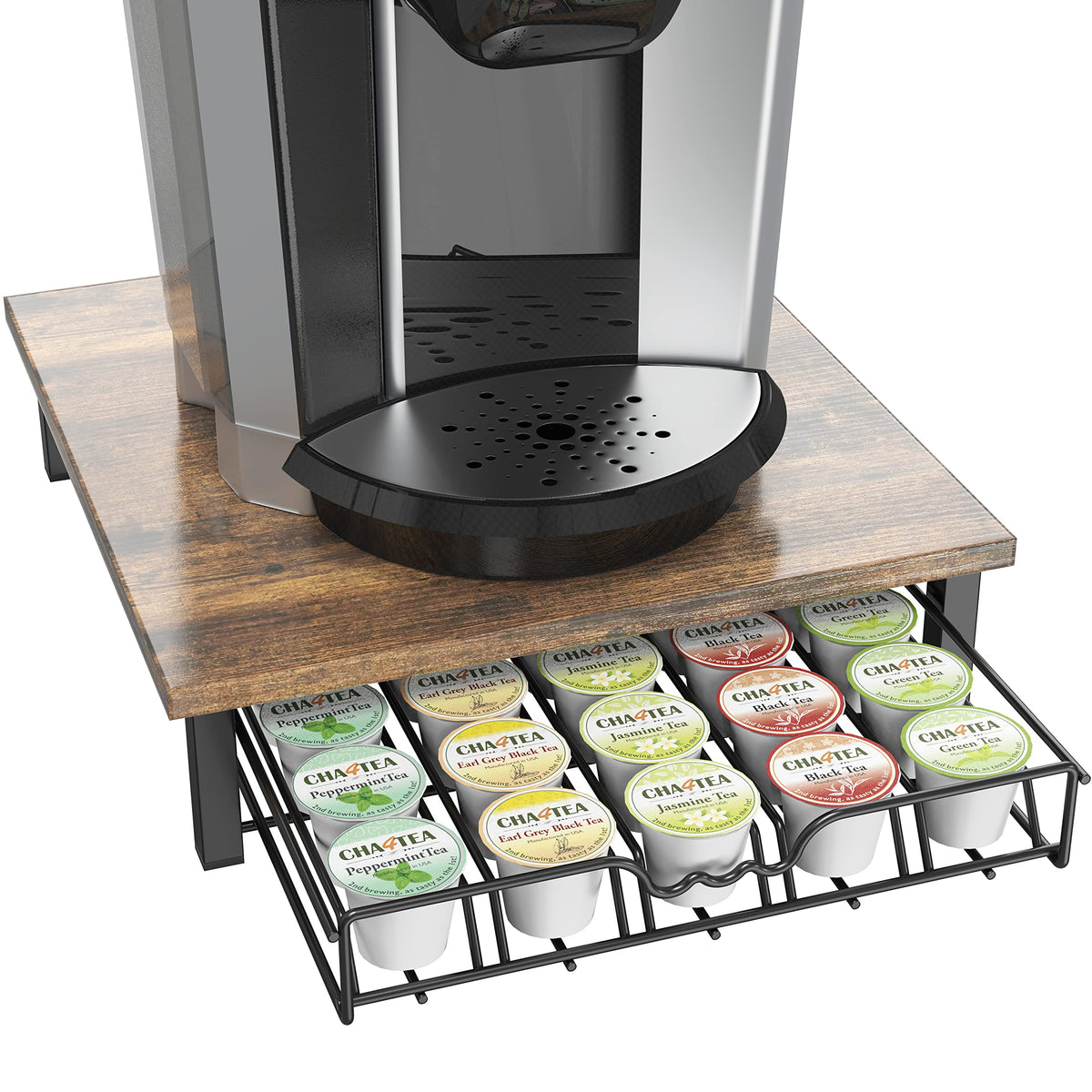 Deco Brothers K-Cup drawer front view shows organized 30-pod storage for easy access.
