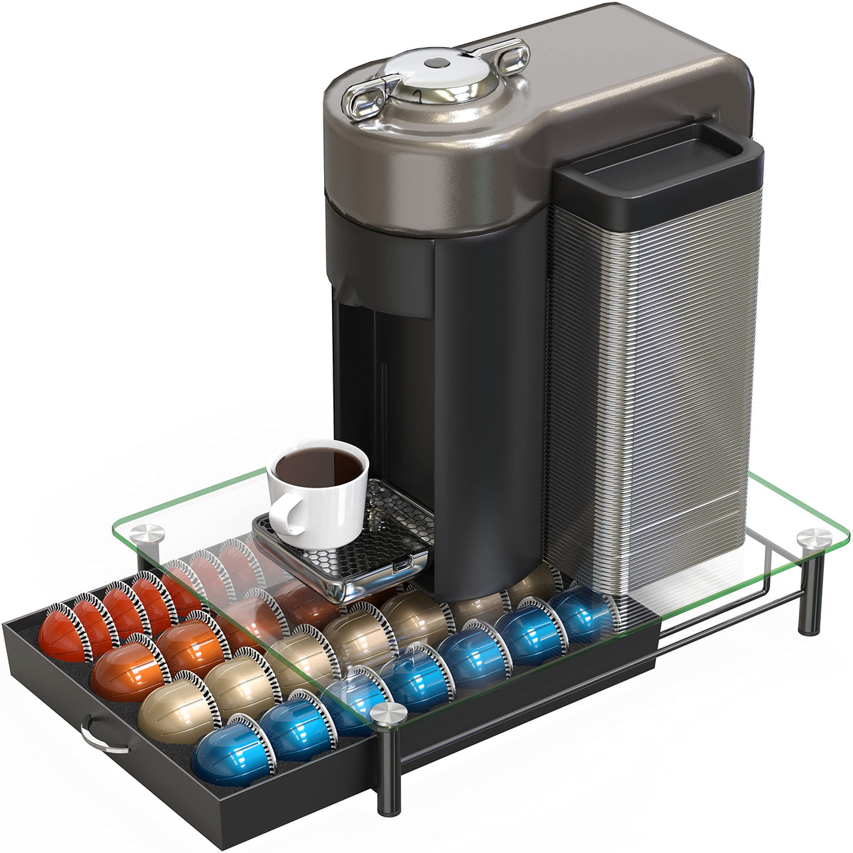 DecoBrothers space-saving design fits under most coffee machines on the counter