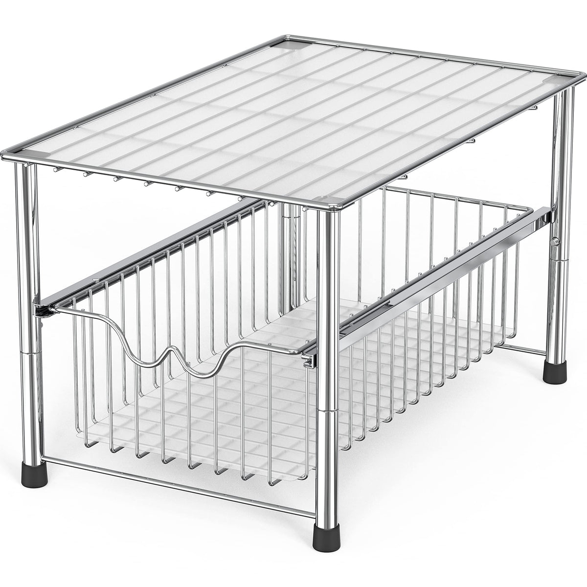 DecoBrothers stackable under-sink organizer with sliding basket in chrome for easy access