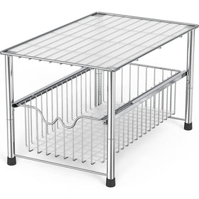DecoBrothers stackable under-sink organizer with sliding basket in chrome for easy access
