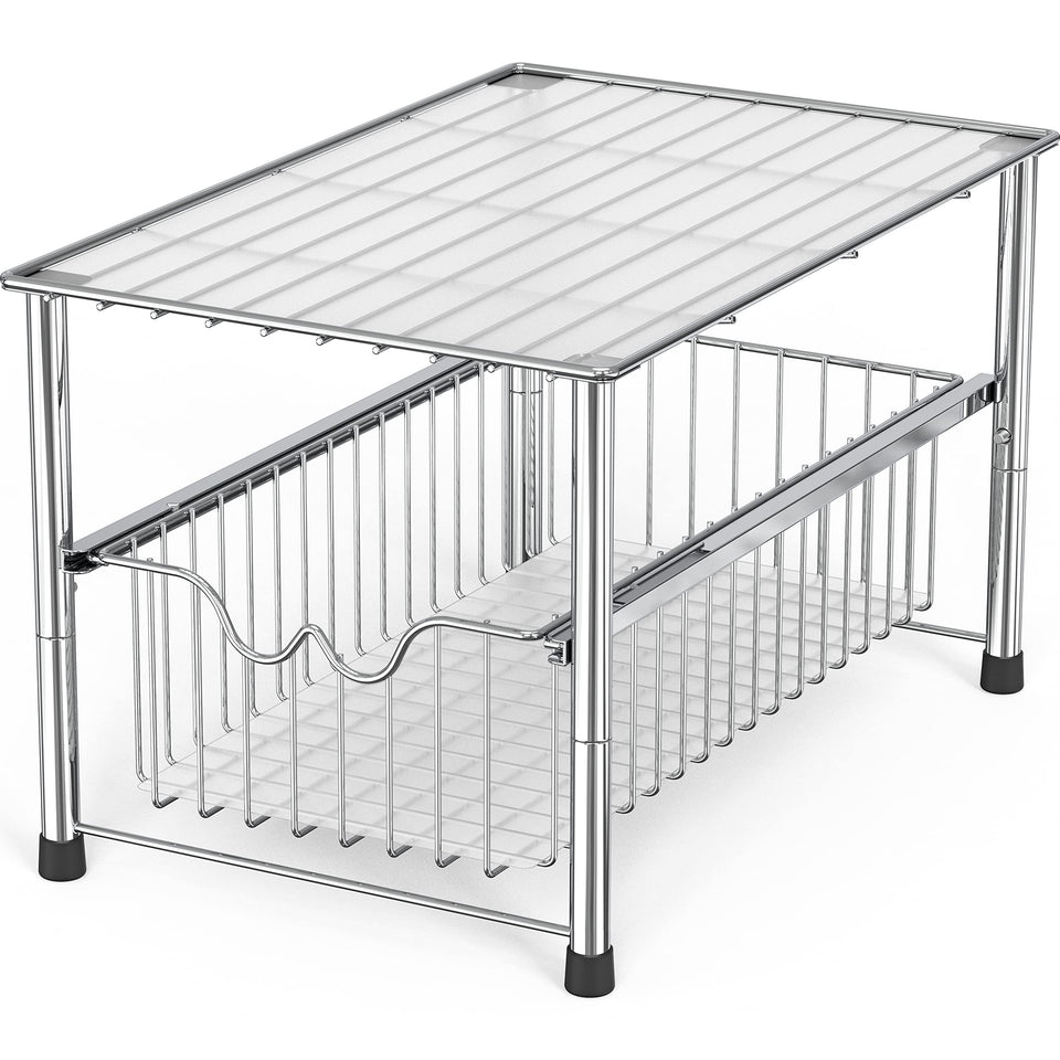 DecoBrothers stackable under-sink organizer with sliding basket in chrome for easy access