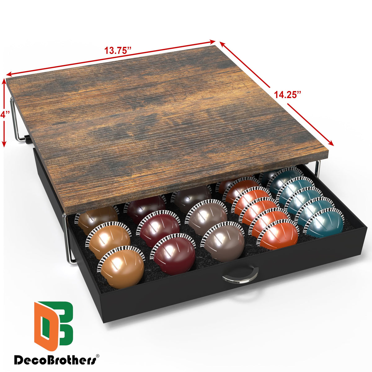 DecoBrothers Supreme Vertuoline Drawer tucked under a coffee machine saves counter space.