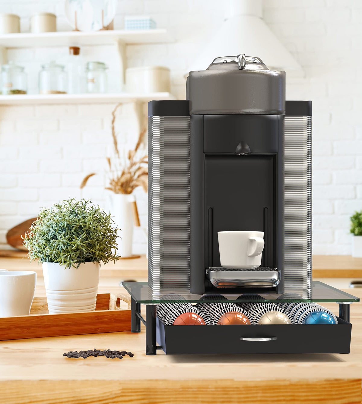 DecoBrothers glass drawer stores 28 large Vertuo pods neatly under the machine