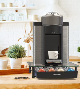 DecoBrothers glass drawer stores 28 large Vertuo pods neatly under the machine