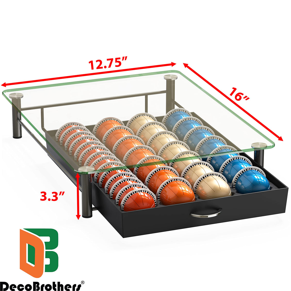 DecoBrothers glass drawer displays 56 small Vertuo pods for quick selection