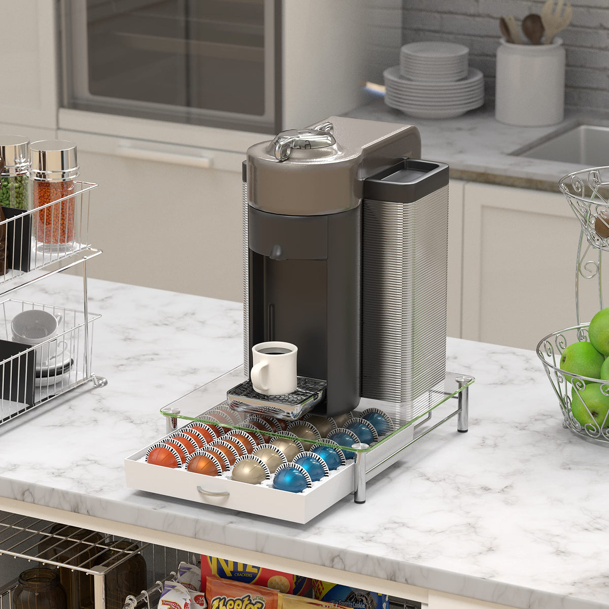 Crystal tempered glass construction adds durability and modern kitchen elegance.