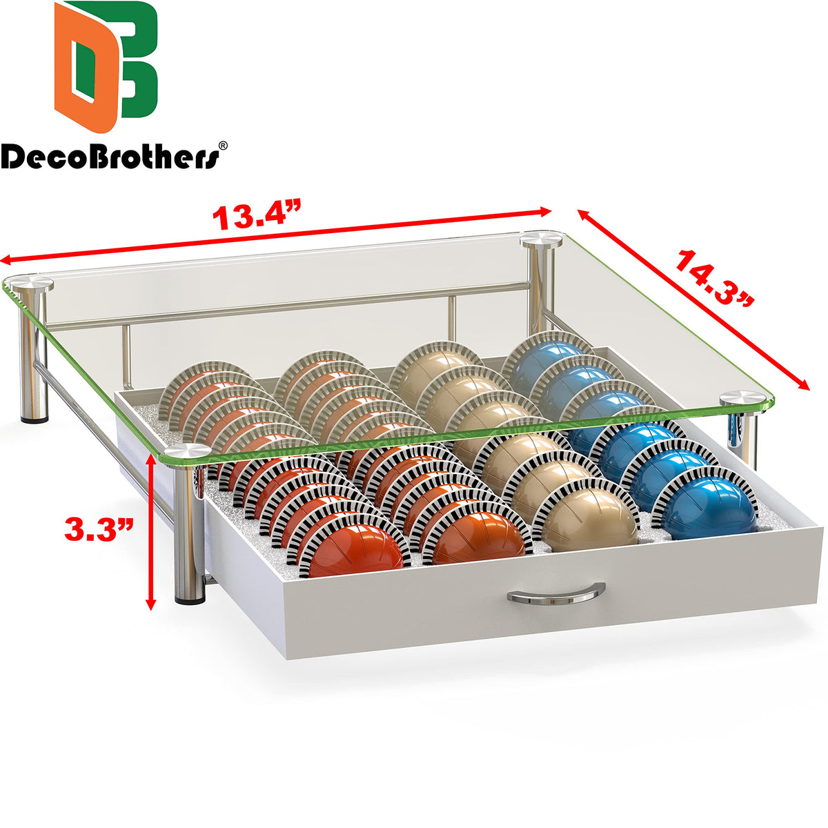 Deco Brothers Vertuo organizer sits under a coffee maker, saving counter space.