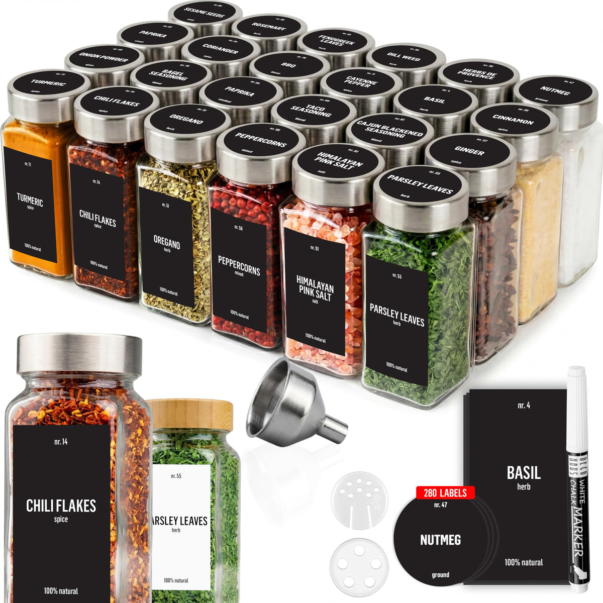 Deco Haus glass spice jars set showing 4 oz capacity for organized cooking
